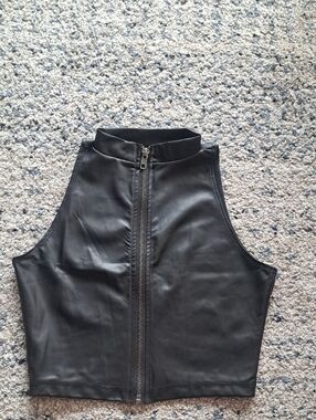 Black Faux Leather Front-Zip Cropped Tank